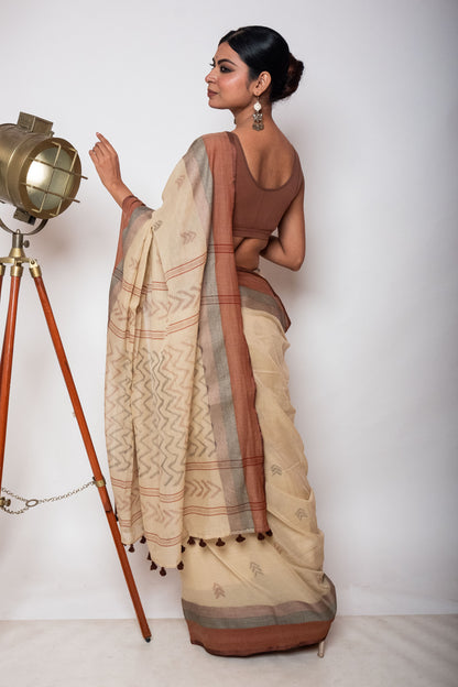 Beige Bengal Cotton Saree with Dual Color Border