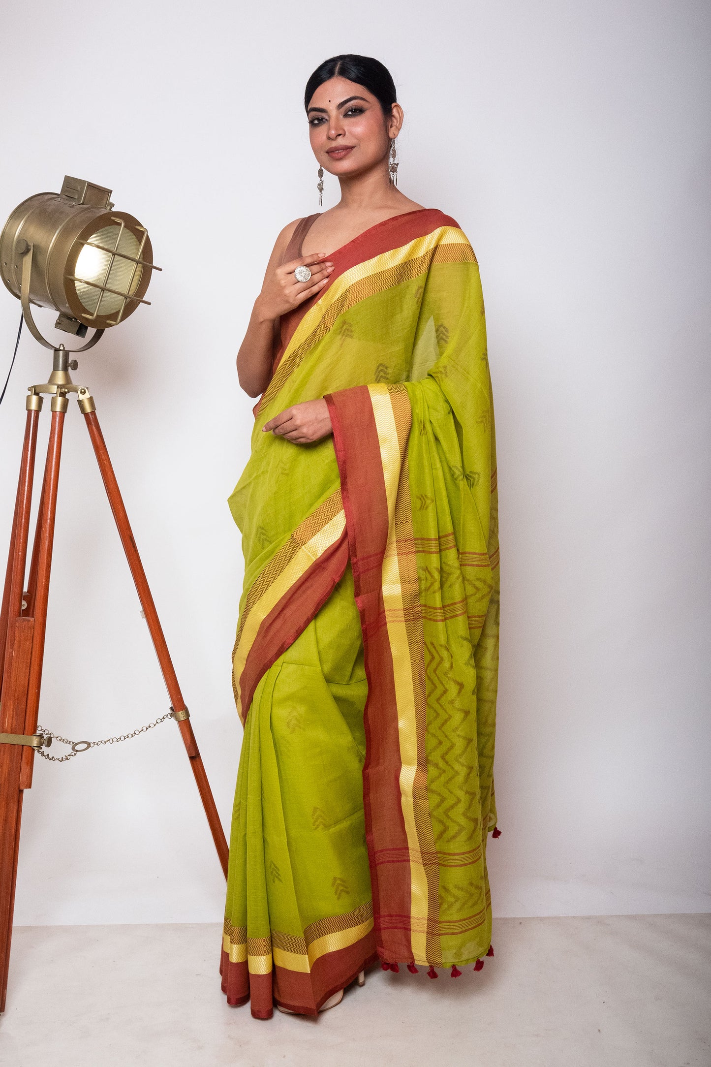 Green Bengal Cotton Saree with Dual Color Border