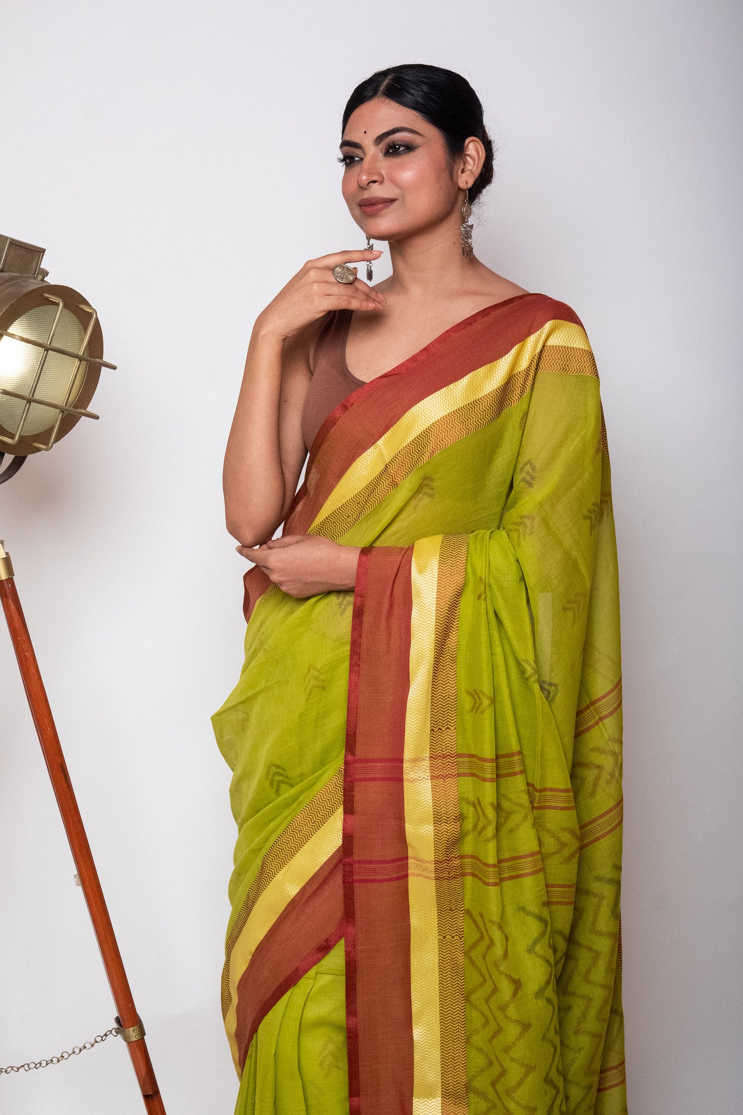 Green Bengal Cotton Saree with Dual Color Border