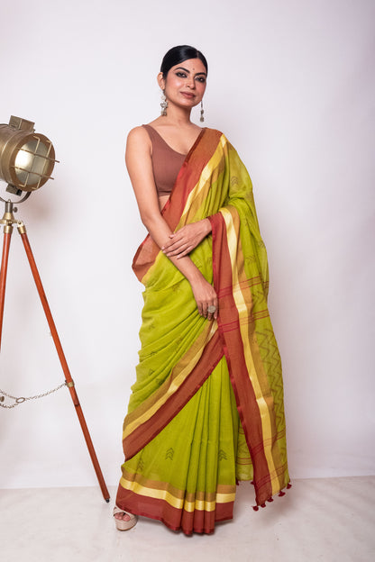 Green Bengal Cotton Saree with Dual Color Border