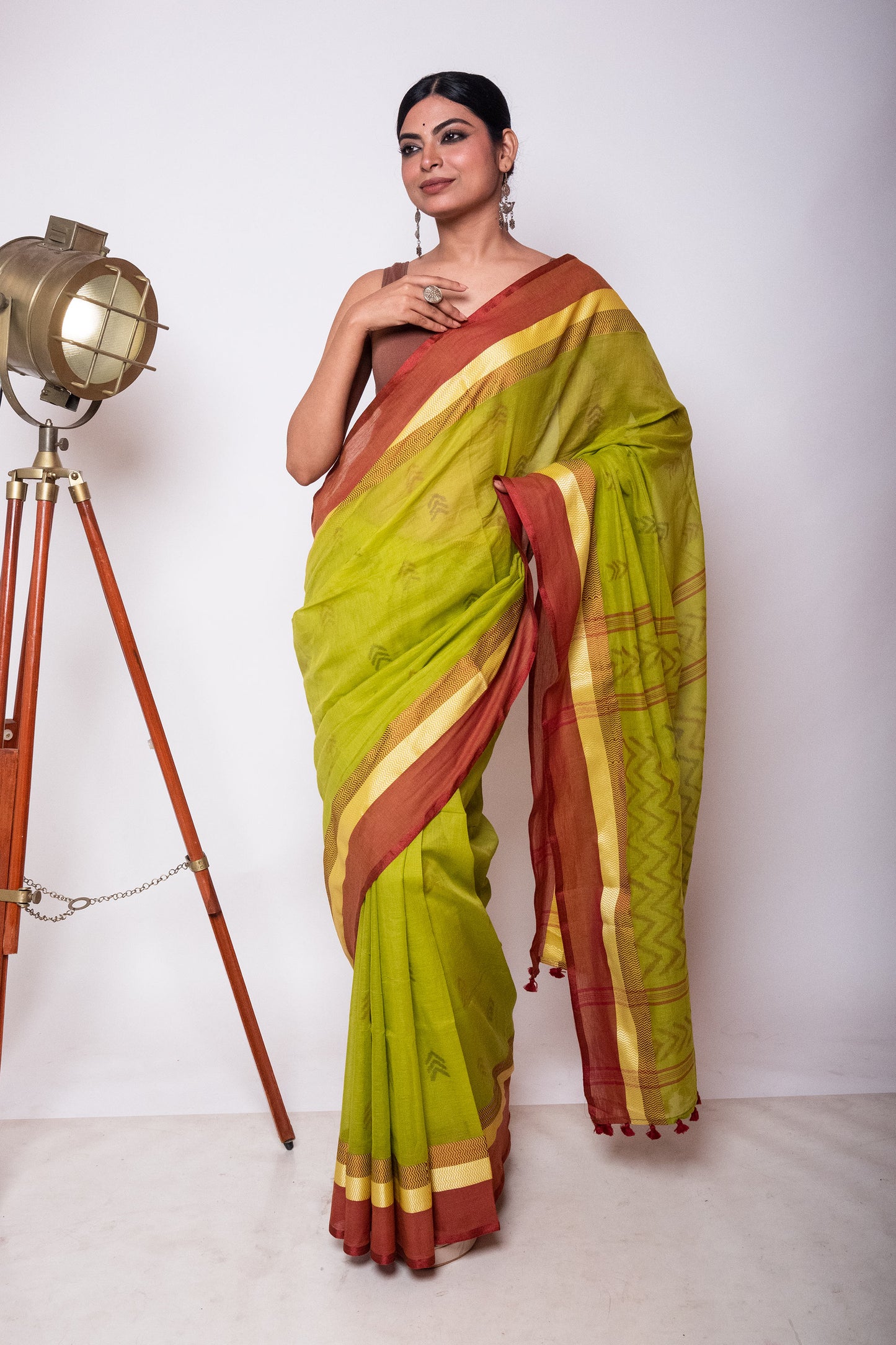 Green Bengal Cotton Saree with Dual Color Border