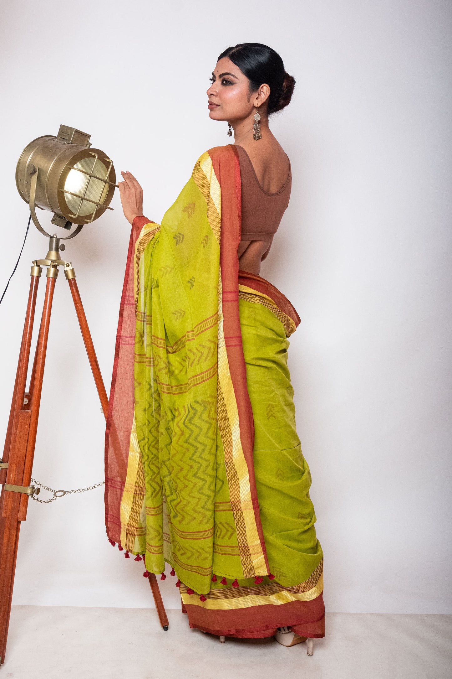 Green Bengal Cotton Saree with Dual Color Border