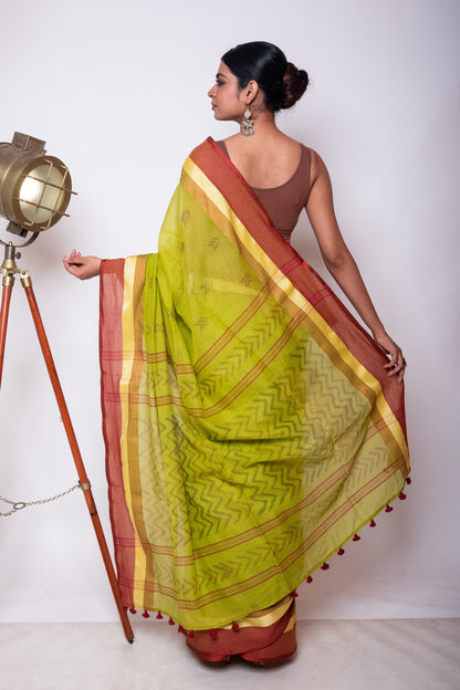 Green Bengal Cotton Saree with Dual Color Border