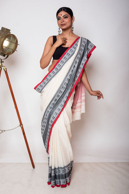 White Cotton Dhaniakhali Saree with Fish Woven Border