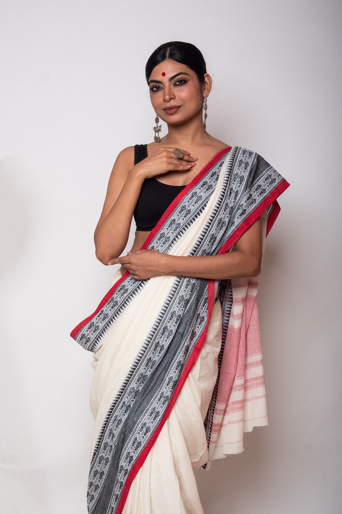 White Cotton Dhaniakhali Saree with Fish Woven Border