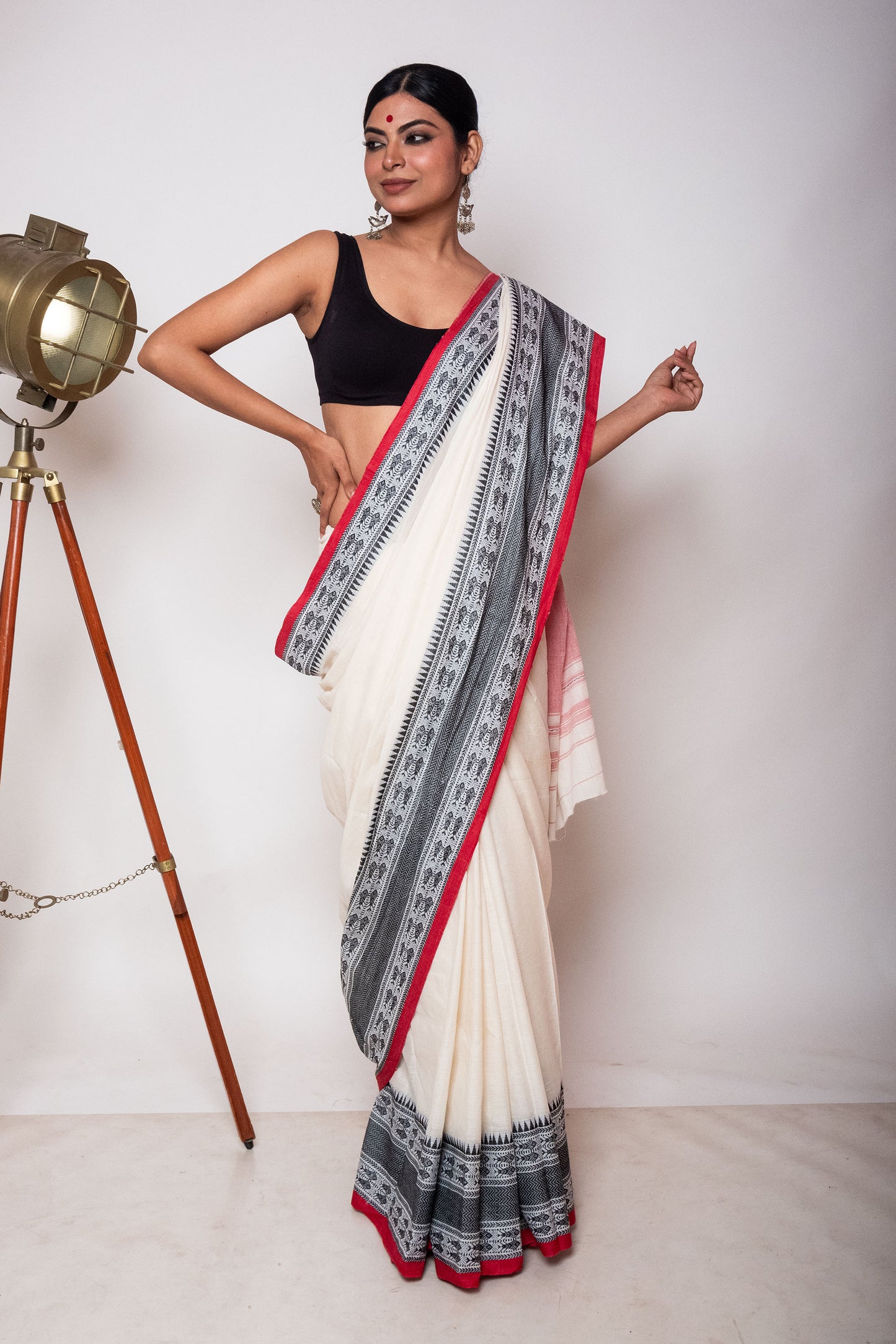 White Cotton Dhaniakhali Saree with Fish Woven Border