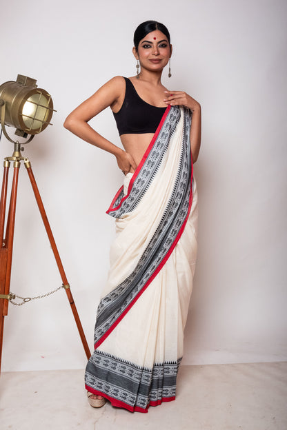 White Cotton Dhaniakhali Saree with Fish Woven Border