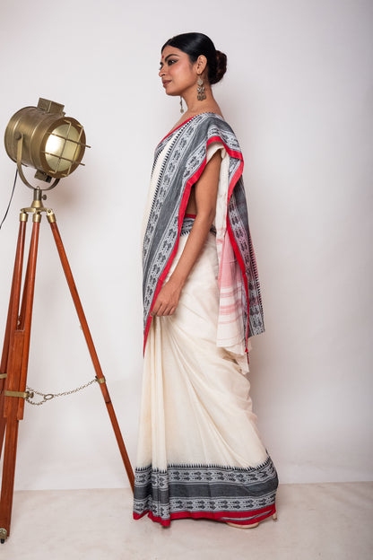 White Cotton Dhaniakhali Saree with Fish Woven Border