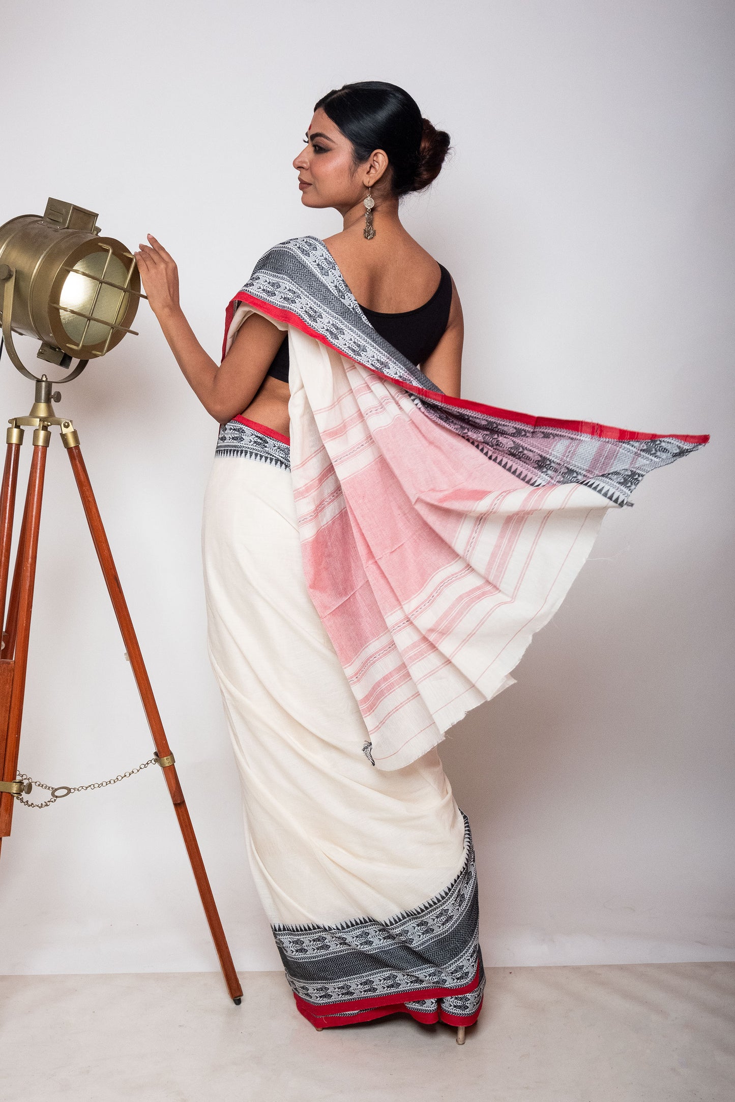 White Cotton Dhaniakhali Saree with Fish Woven Border