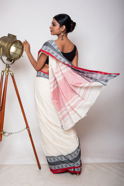 White Cotton Dhaniakhali Saree with Fish Woven Border