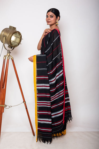 Black Begumpuri Cotton Handloom Saree with Ganga Jamuna Borders