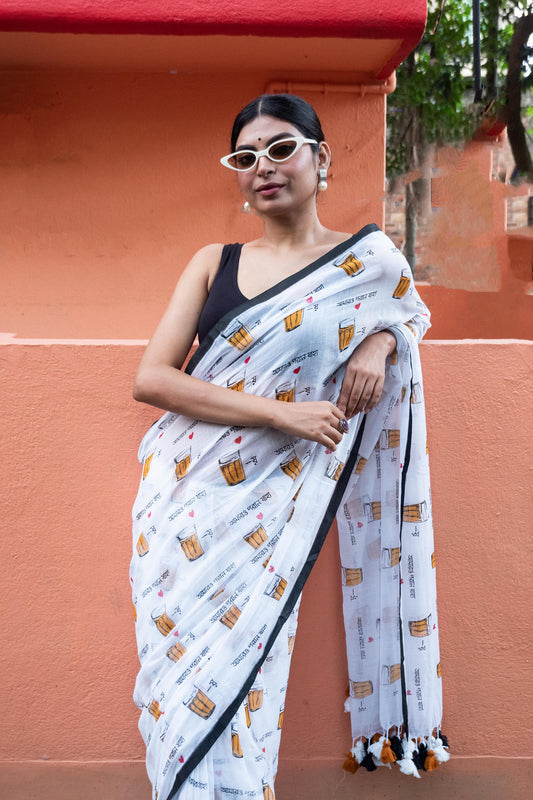 White Chai Lover Printed Mul Cotton Saree