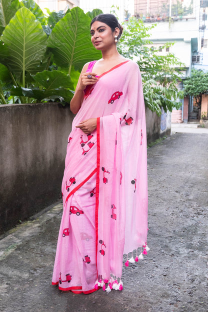 Pink Taxi and Scooter Printed Mul Cotton Saree