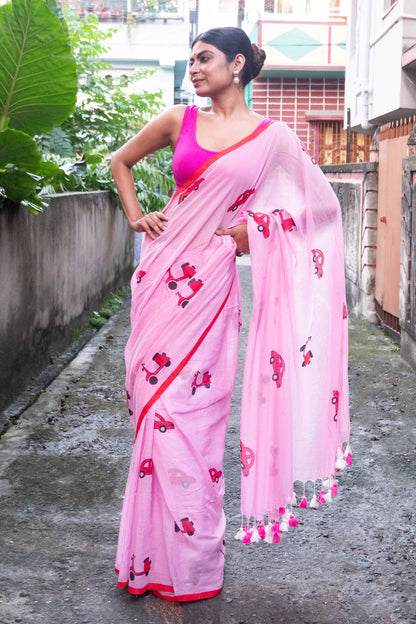 Pink Taxi and Scooter Printed Mul Cotton Saree