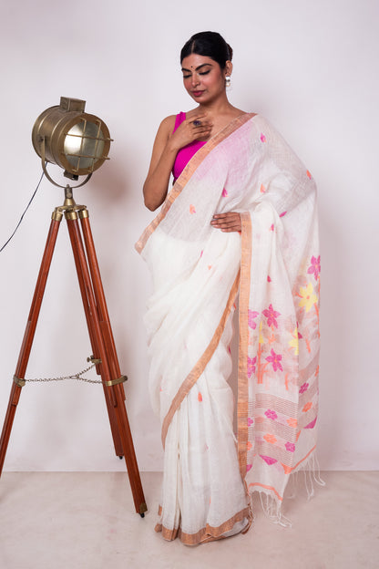 White Linen by Linen Jamdani Woven Saree