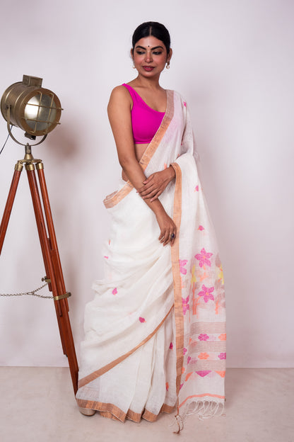 White Linen by Linen Jamdani Woven Saree