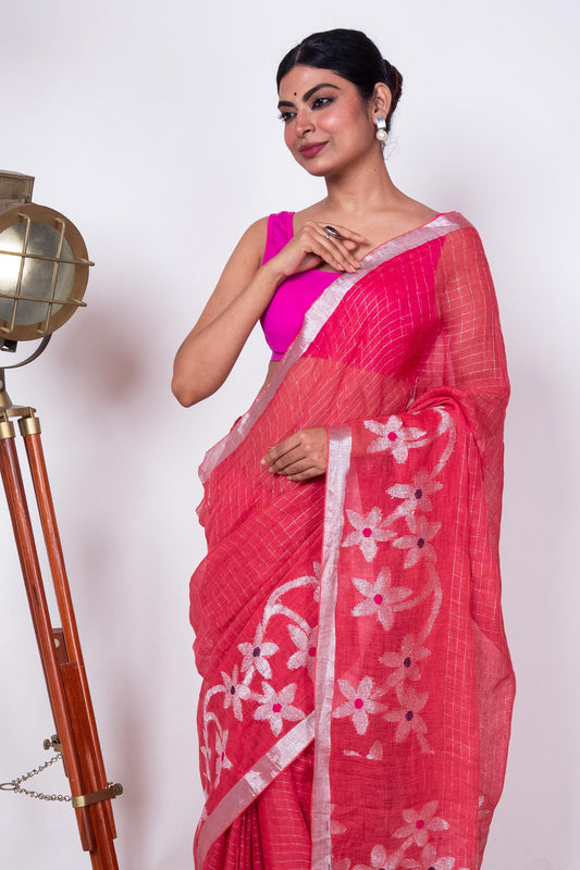 Blush Pink Linen by Linen Jamdani Woven Saree