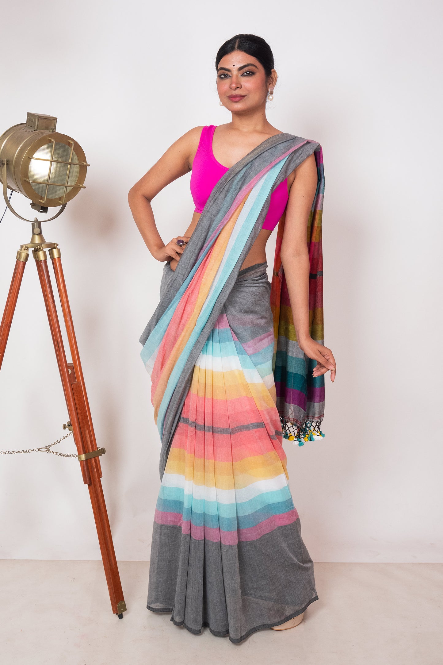 Grey Mul Cotton Madhyamani Rainbow Saree