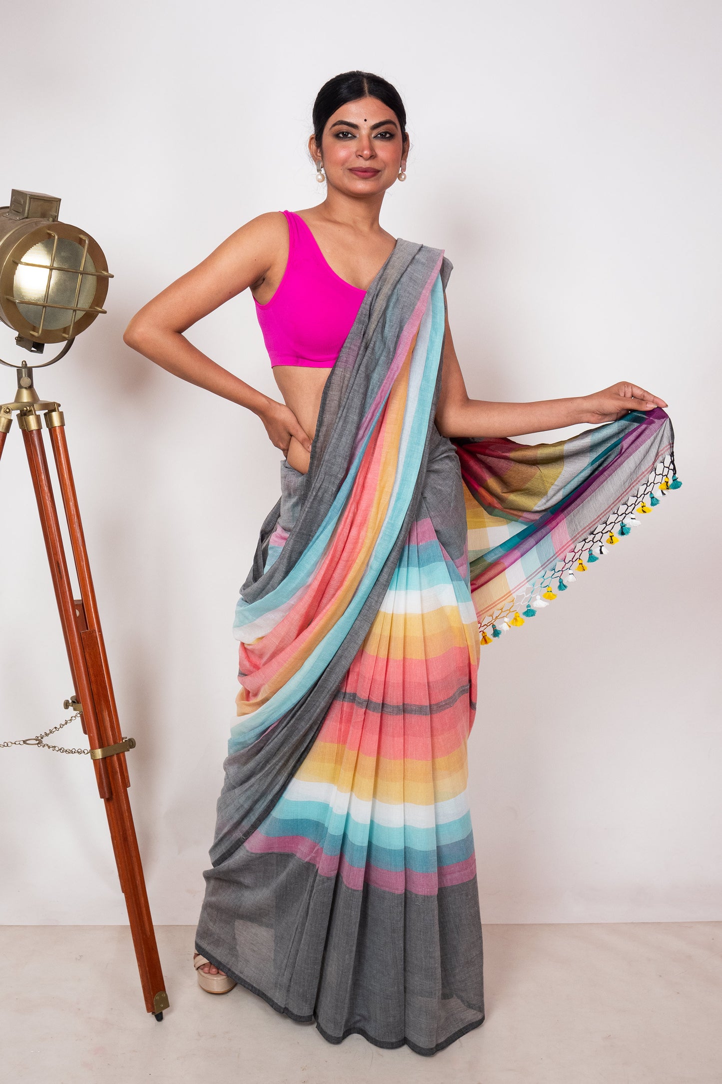 Grey Mul Cotton Madhyamani Rainbow Saree