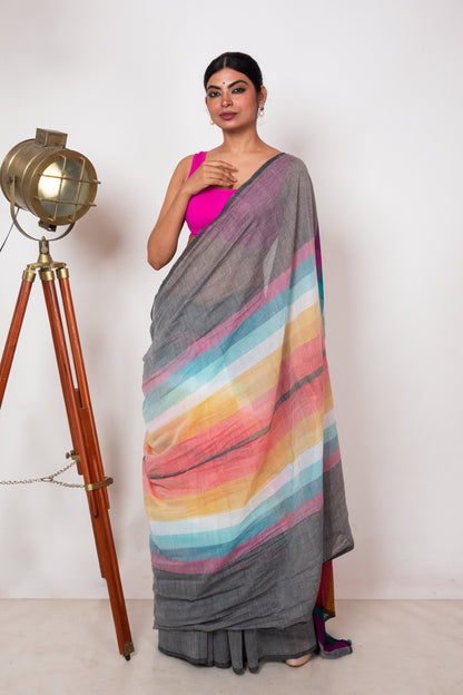 Grey Mul Cotton Madhyamani Rainbow Saree