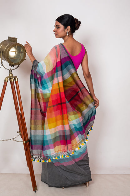 Grey Mul Cotton Madhyamani Rainbow Saree