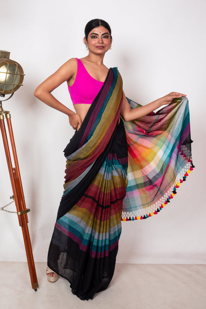 Black Mul Cotton Madhyamani Rainbow Saree