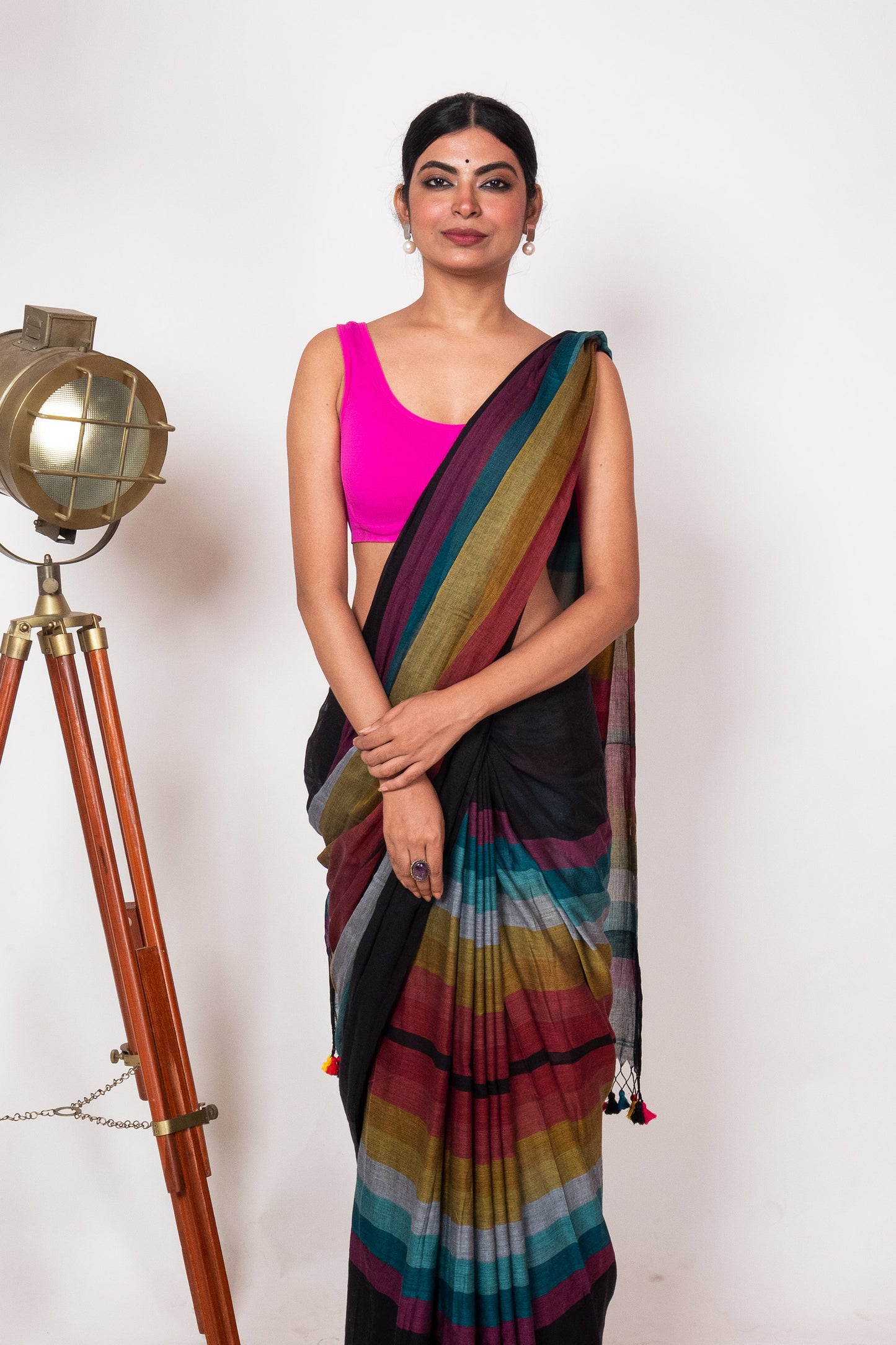 Black Mul Cotton Madhyamani Rainbow Saree