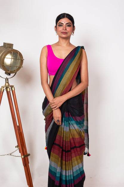 Black Mul Cotton Madhyamani Rainbow Saree