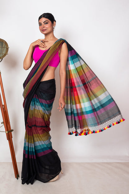 Black Mul Cotton Madhyamani Rainbow Saree