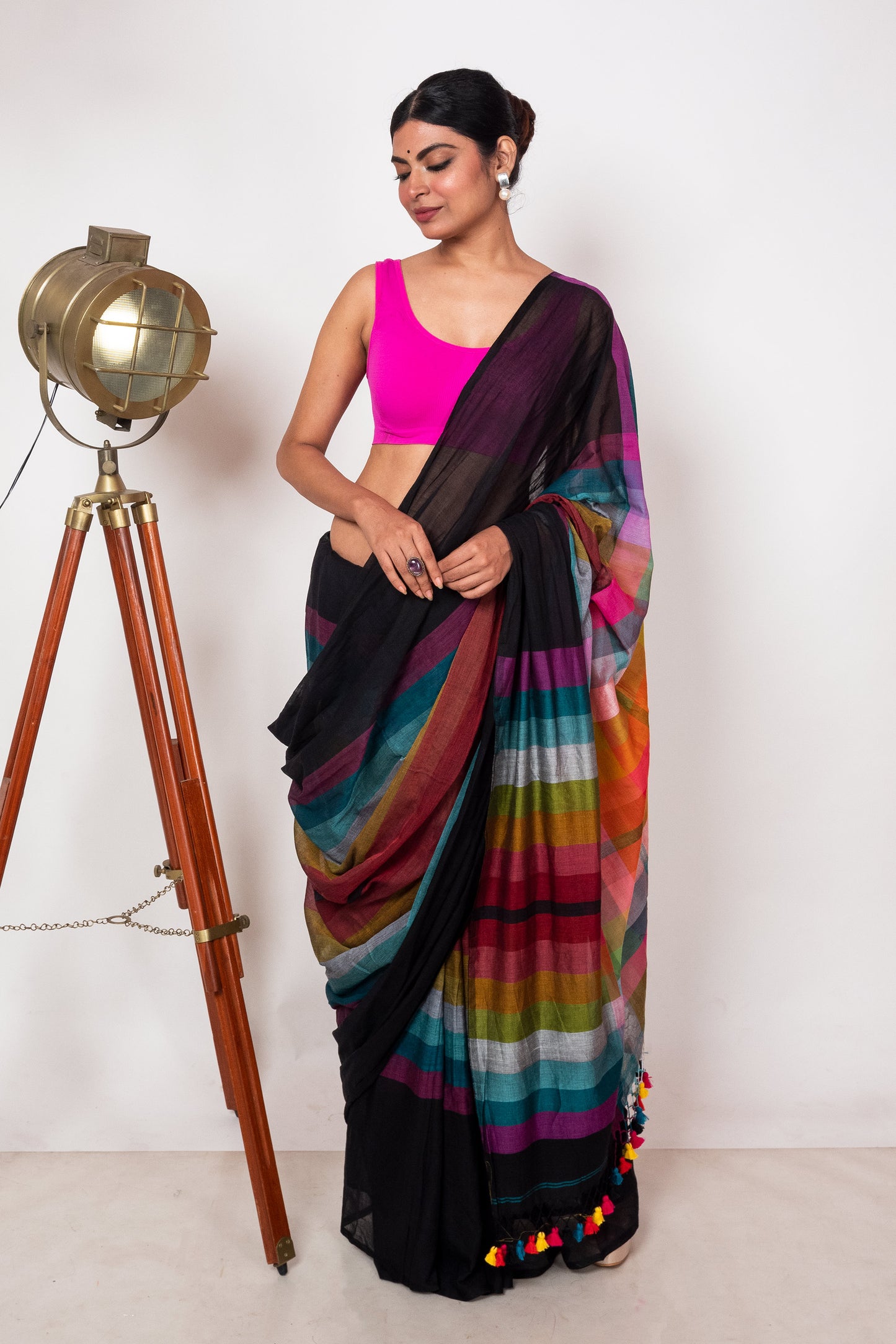 Black Mul Cotton Madhyamani Rainbow Saree