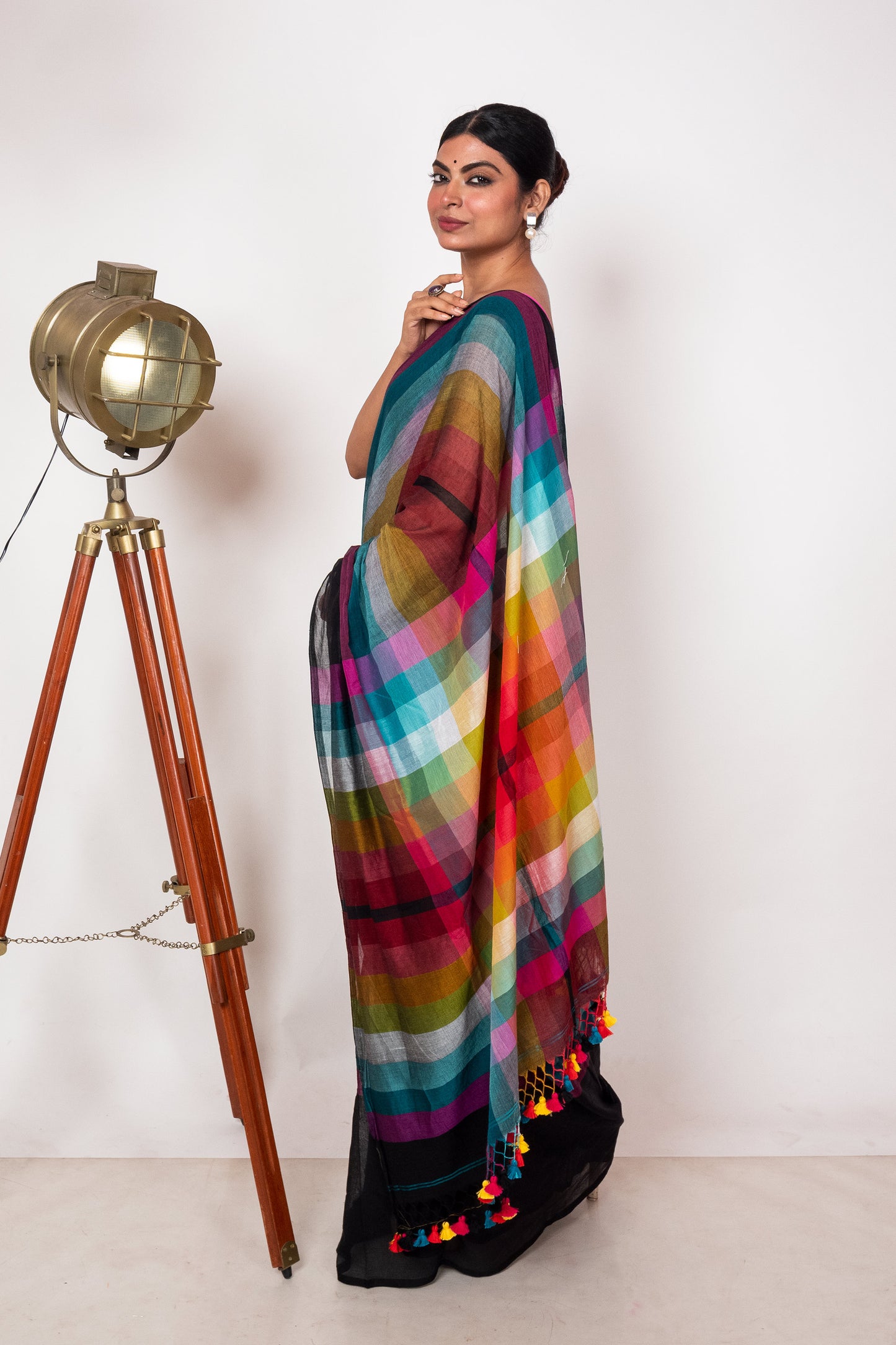 Black Mul Cotton Madhyamani Rainbow Saree