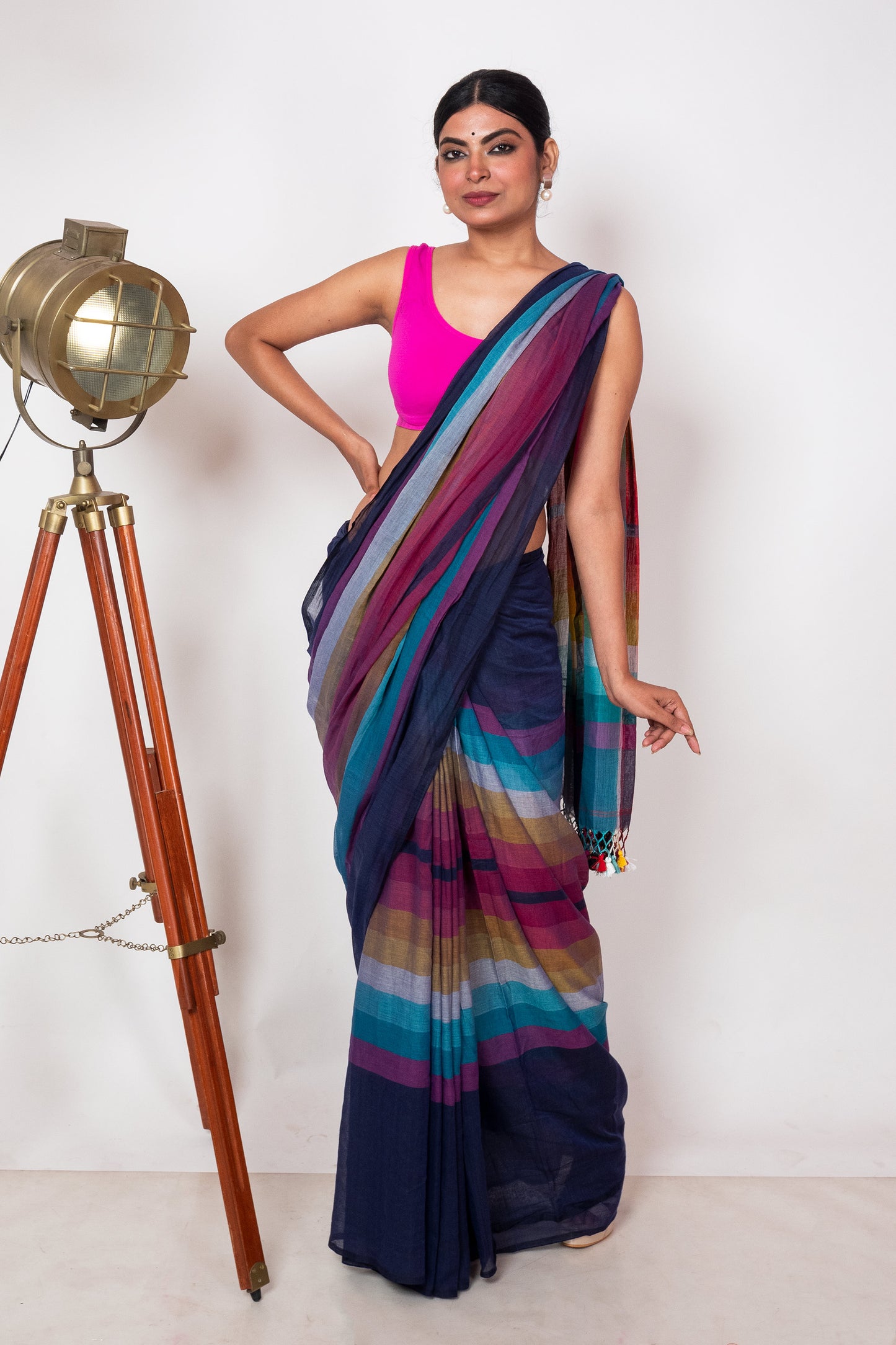 Blue Mul Cotton Madhyamani Rainbow Saree