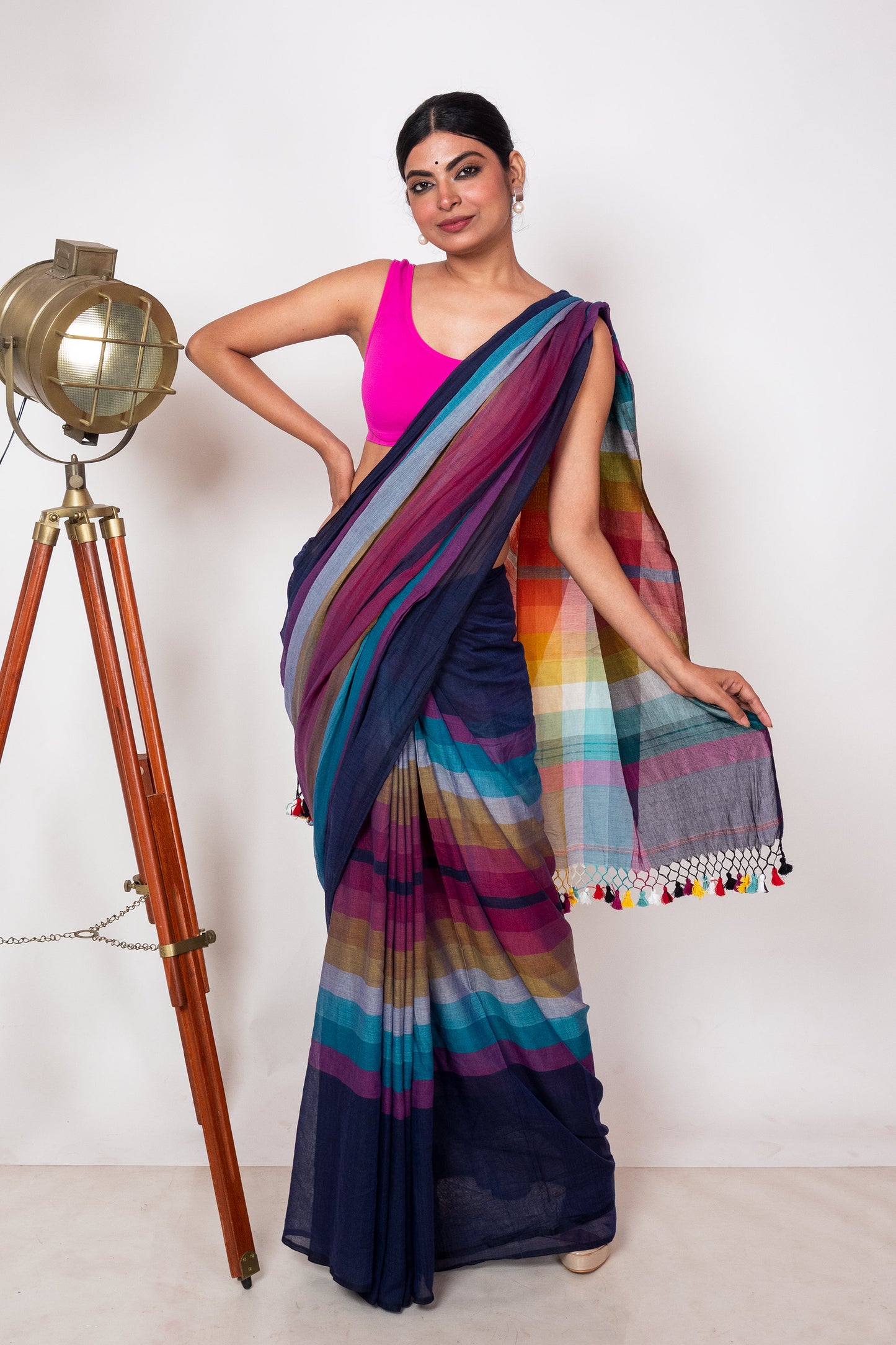 Blue Mul Cotton Madhyamani Rainbow Saree