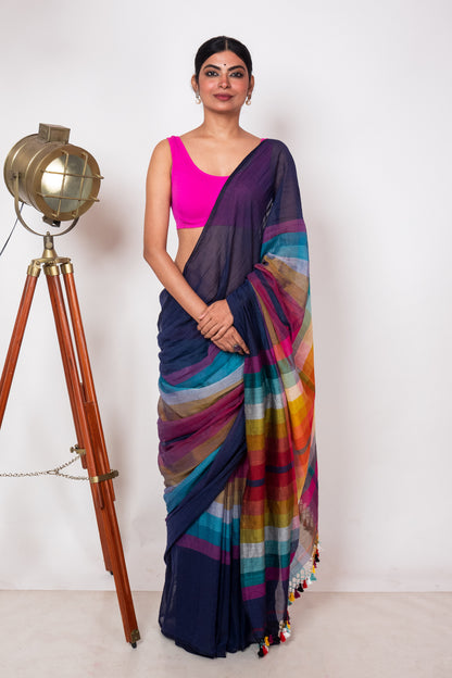 Blue Mul Cotton Madhyamani Rainbow Saree