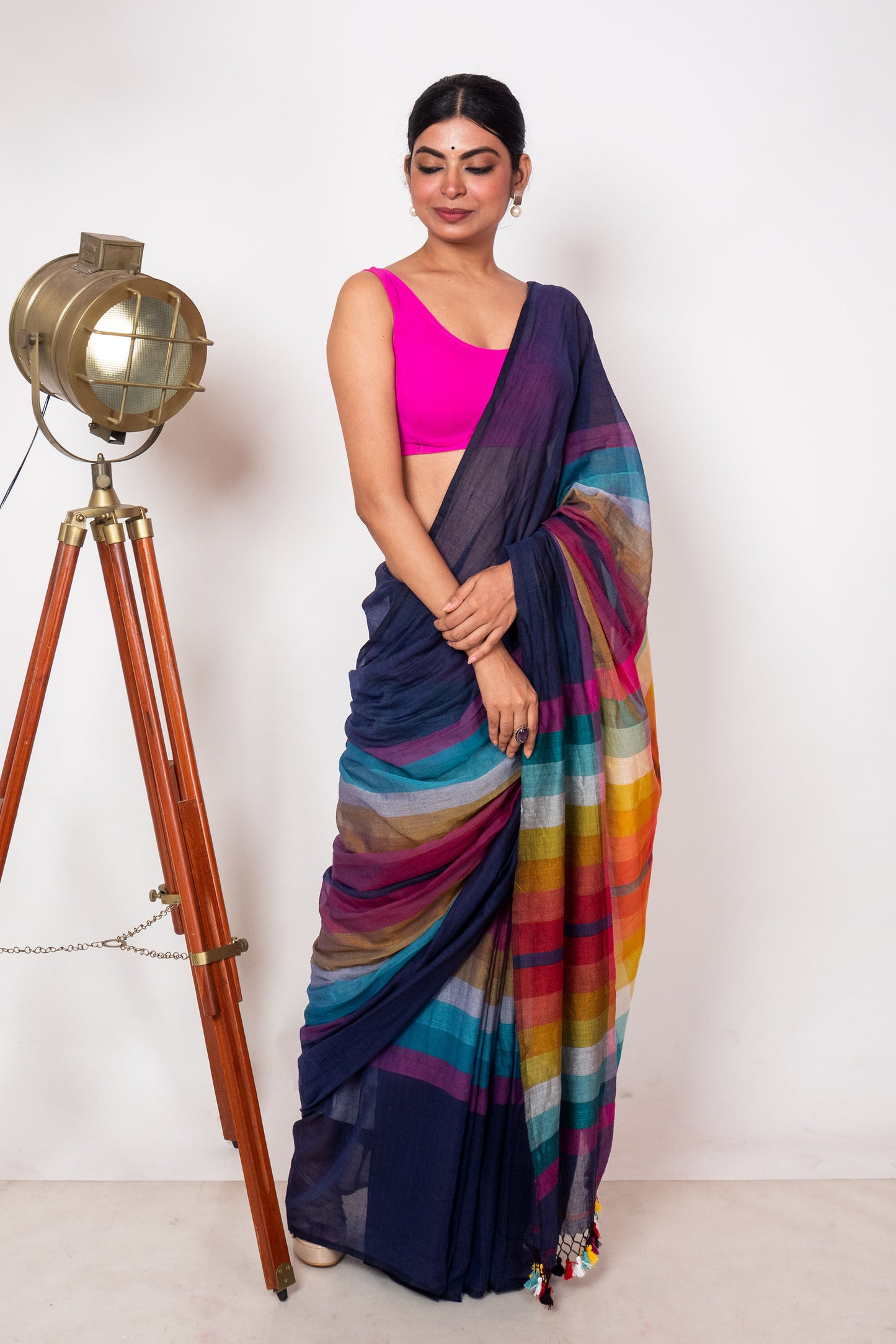 Blue Mul Cotton Madhyamani Rainbow Saree