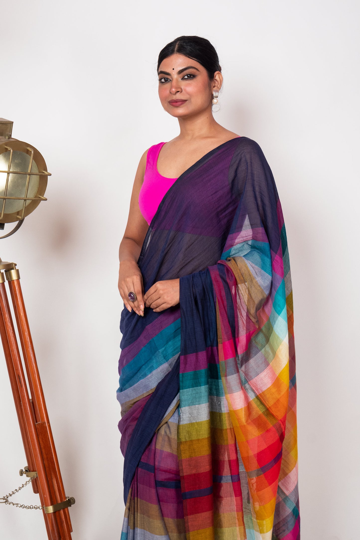 Blue Mul Cotton Madhyamani Rainbow Saree