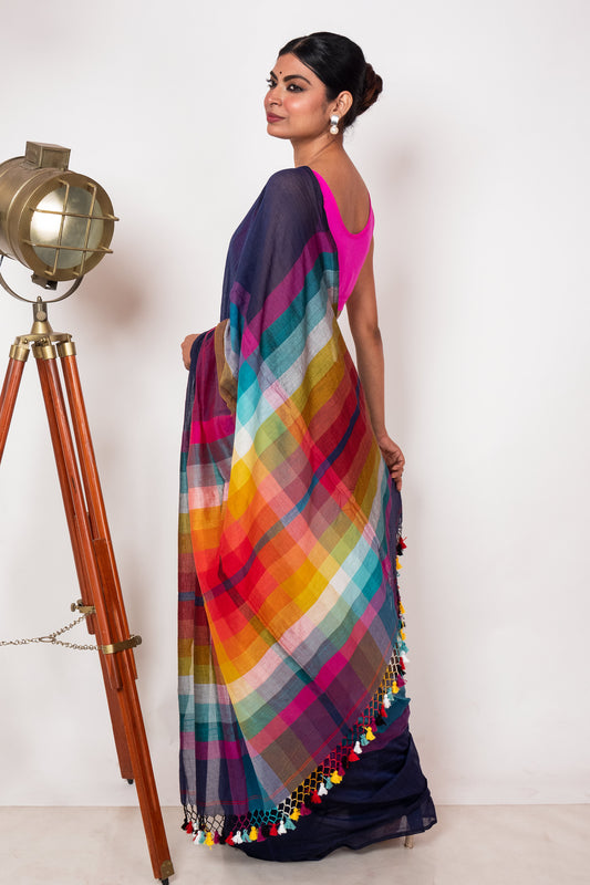 Blue Mul Cotton Madhyamani Rainbow Saree