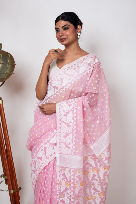 Pink White Bengal Jamdani Saree