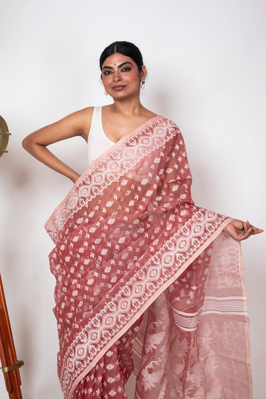 Nude Blush and White Bengal Jamdani Saree