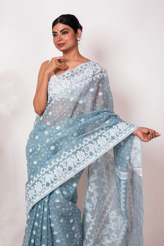 Pastel Blue Bengal Jamdani Saree