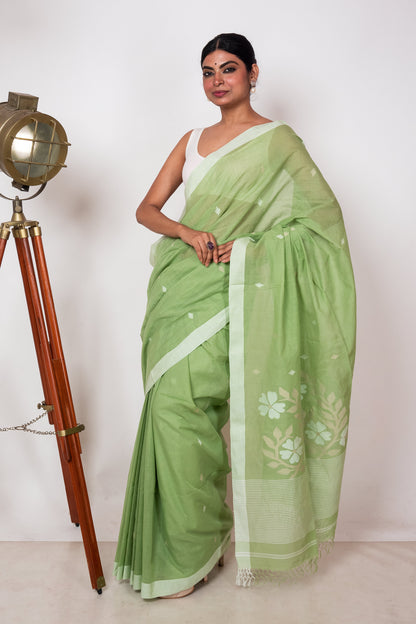 Pestal Green Purely Handloom Needle Woven Jamdani Saree