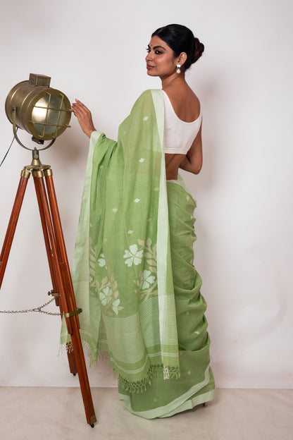 Pestal Green Purely Handloom Needle Woven Jamdani Saree