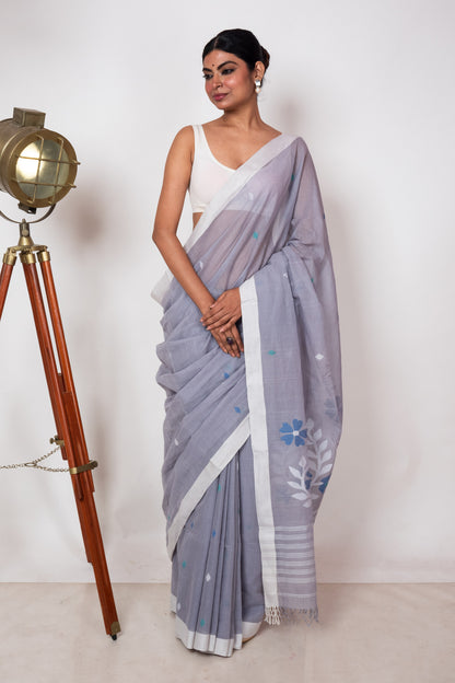 Cloudy Grey Purely Handloom Needle Woven Jamdani Saree