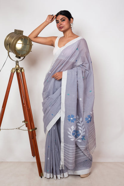 Cloudy Grey Purely Handloom Needle Woven Jamdani Saree