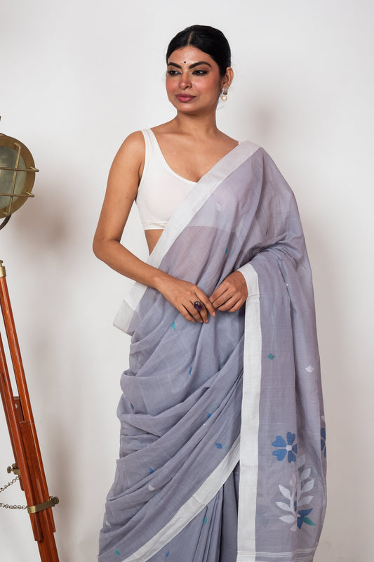 Cloudy Grey Purely Handloom Needle Woven Jamdani Saree