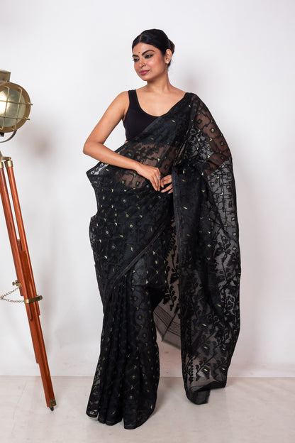 Black on Black Bengal Jamdani Saree