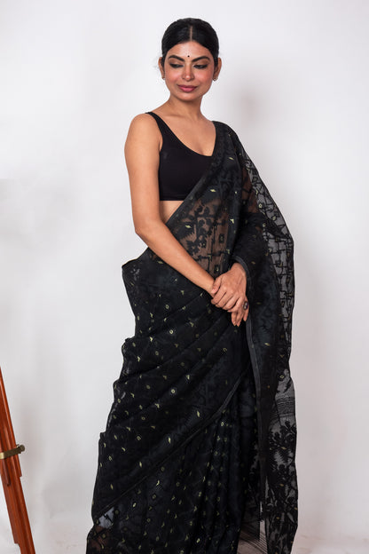 Black on Black Bengal Jamdani Saree