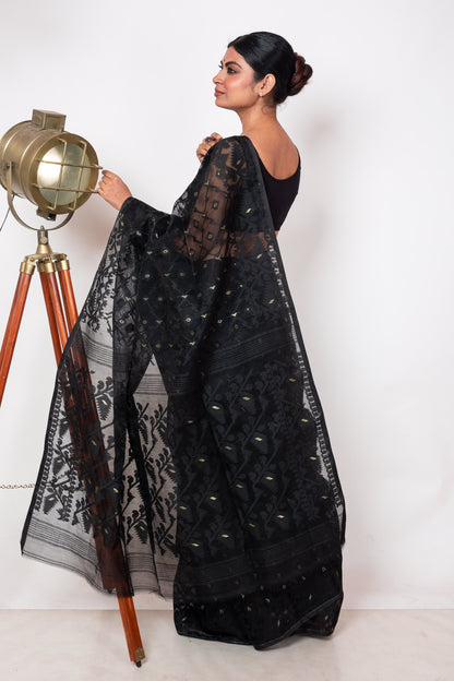 Black on Black Bengal Jamdani Saree