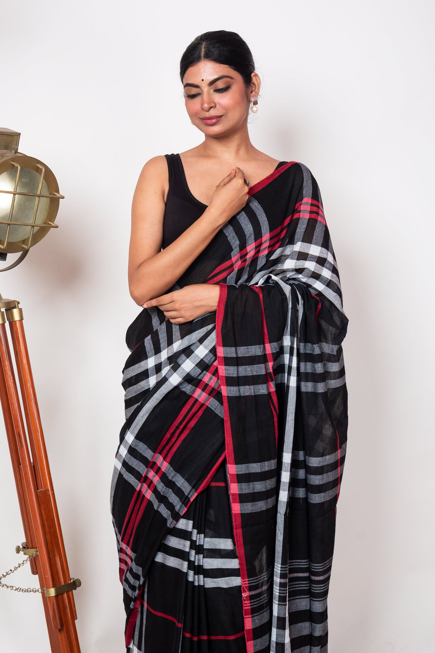 Black Cotton Dhaniakhali Saree with White Red Checks