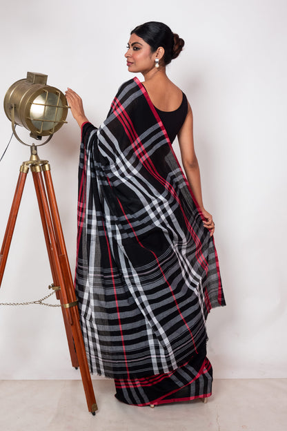 Black Cotton Dhaniakhali Saree with White Red Checks